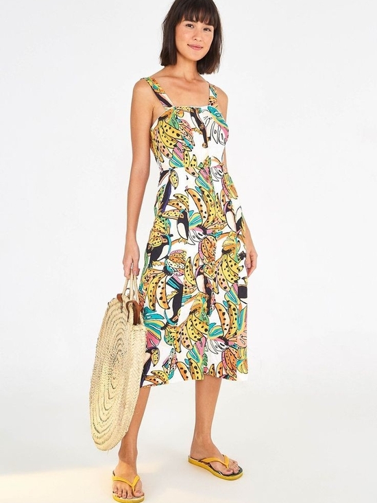 FARM Rio Dresses & Skirts - FARM RIO TUCANOS Linen Midi Sundress in Off White with Multicolor Print NWT